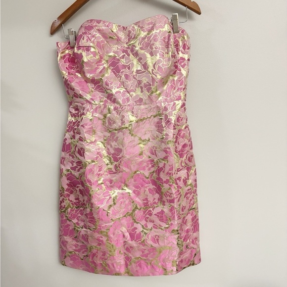Lilly Pulitzer Silk Raya Dress Pink Gold Jacquard Mini Strapless Sweetheart Sz 8 - Picture 4 of 10